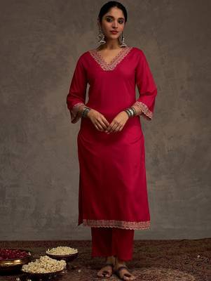 Embroidered Viscose Rayon Straight Thread Work Kurta With Trousers 1