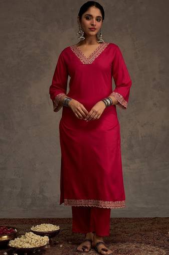 Embroidered Viscose Rayon Straight Thread Work Kurta With Trousers