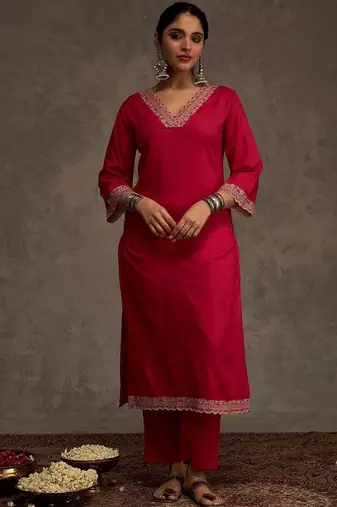 Embroidered Viscose Rayon Straight Thread Work Kurta With Trousers