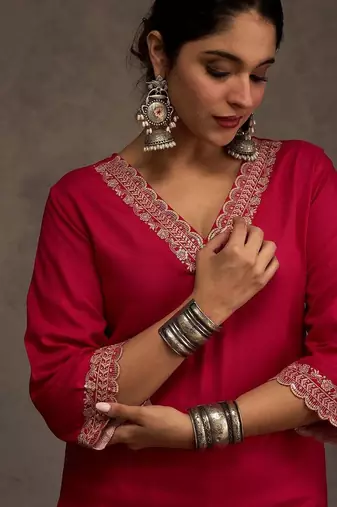 Embroidered Viscose Rayon Straight Thread Work Kurta With Trousers