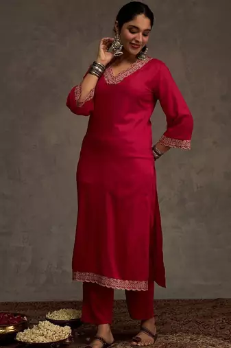 Embroidered Viscose Rayon Straight Thread Work Kurta With Trousers