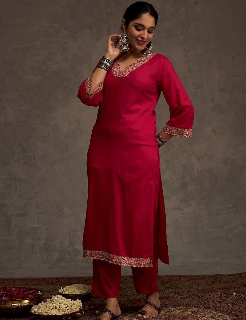 Embroidered Viscose Rayon Straight Thread Work Kurta With Trousers