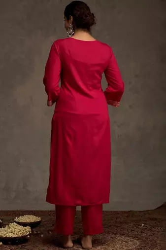 Embroidered Viscose Rayon Straight Thread Work Kurta With Trousers