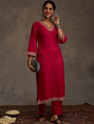 Embroidered Viscose Rayon Straight Thread Work Kurta With Trousers 5