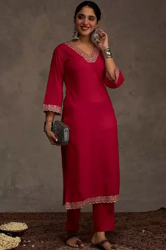 Embroidered Viscose Rayon Straight Thread Work Kurta With Trousers