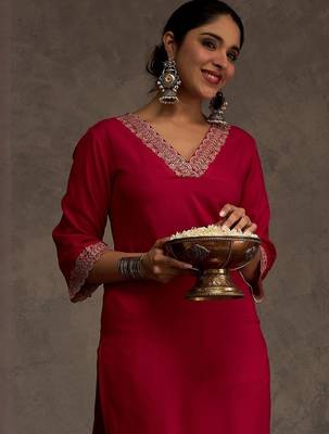Embroidered Viscose Rayon Straight Thread Work Kurta With Trousers 6