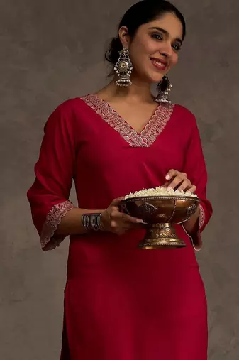 Embroidered Viscose Rayon Straight Thread Work Kurta With Trousers