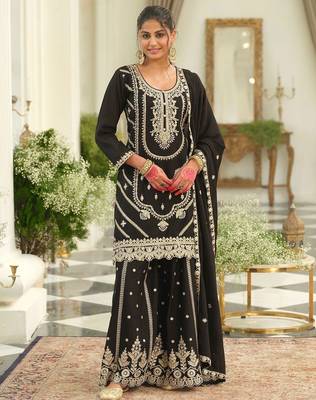 Ethnic Motifs Embroidered Chinon Straight Sequinned Kurta With Palazzos & Dupatta 1