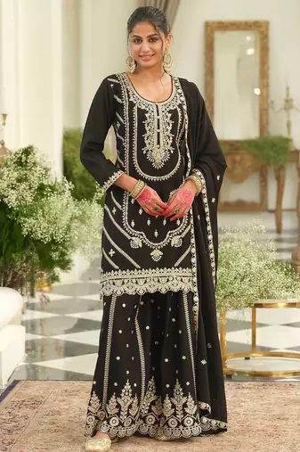 Ethnic Motifs Embroidered Chinon Straight Sequinned Kurta With Palazzos & Dupatta