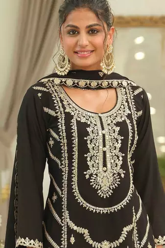 Ethnic Motifs Embroidered Chinon Straight Sequinned Kurta With Palazzos & Dupatta