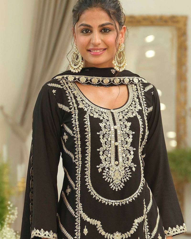Ethnic Motifs Embroidered Chinon Straight Sequinned Kurta With Palazzos & Dupatta