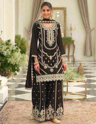 Ethnic Motifs Embroidered Chinon Straight Sequinned Kurta With Palazzos & Dupatta 3