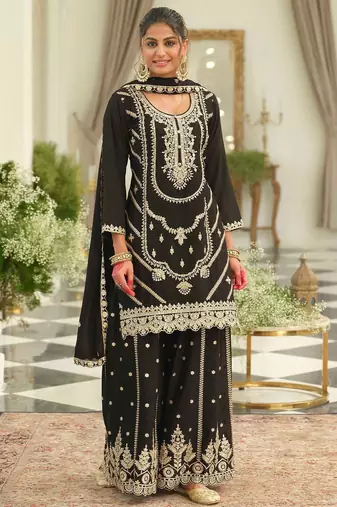 Ethnic Motifs Embroidered Chinon Straight Sequinned Kurta With Palazzos & Dupatta