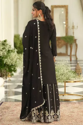 Ethnic Motifs Embroidered Chinon Straight Sequinned Kurta With Palazzos & Dupatta