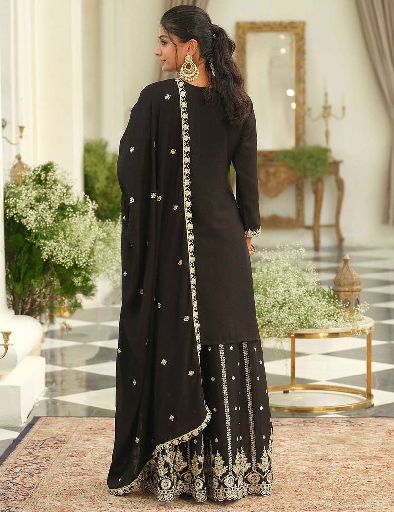 Ethnic Motifs Embroidered Chinon Straight Sequinned Kurta With Palazzos & Dupatta