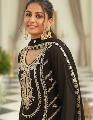 Ethnic Motifs Embroidered Chinon Straight Sequinned Kurta With Palazzos & Dupatta 5