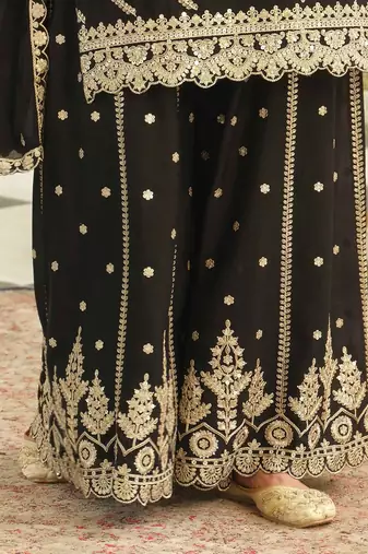 Ethnic Motifs Embroidered Chinon Straight Sequinned Kurta With Palazzos & Dupatta