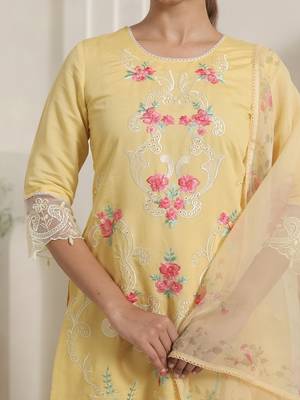 Floral Embroidered Thread Work Straight Kurta & Trousers With Dupatta 6