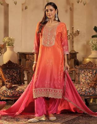 Bandhani Printed Straight Sequinned Kurta With Trousers & Dupatta 1