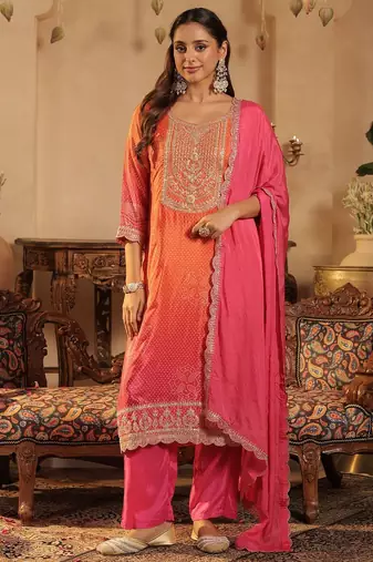 Bandhani Printed Straight Sequinned Kurta With Trousers & Dupatta