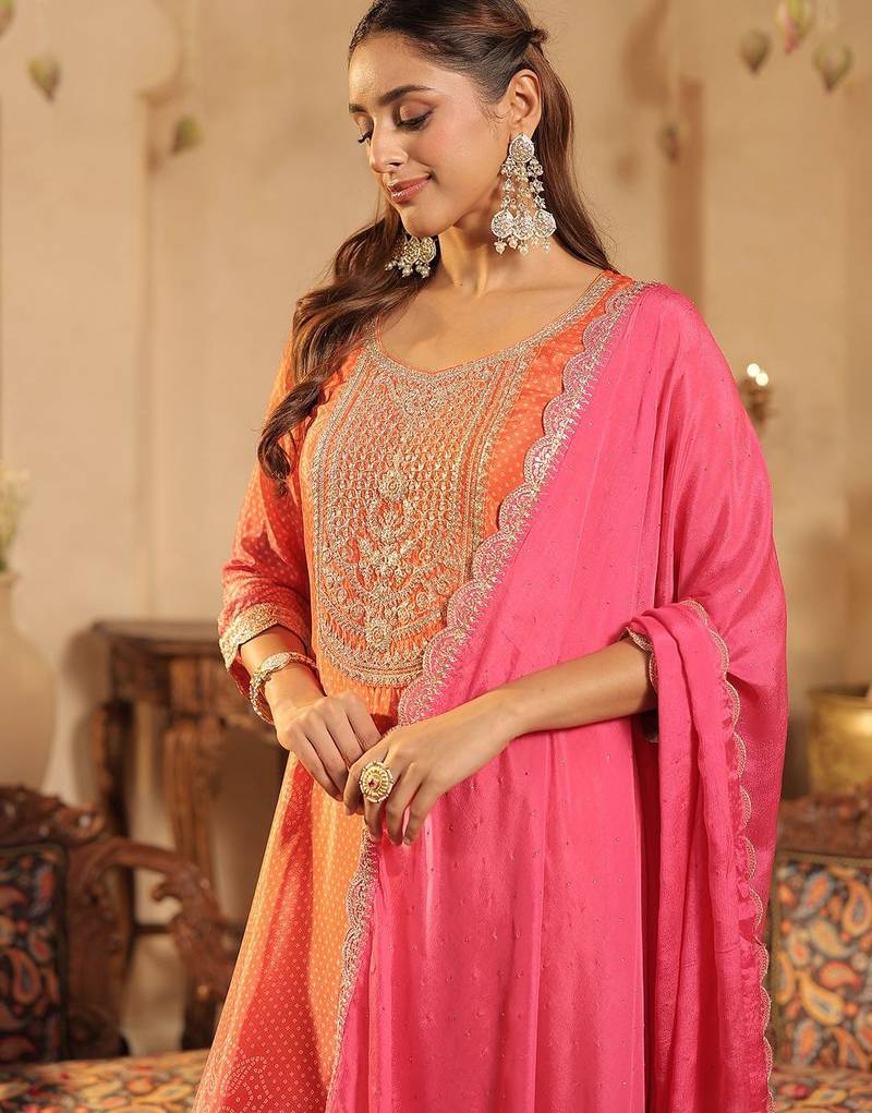 Bandhani Printed Straight Sequinned Kurta With Trousers & Dupatta