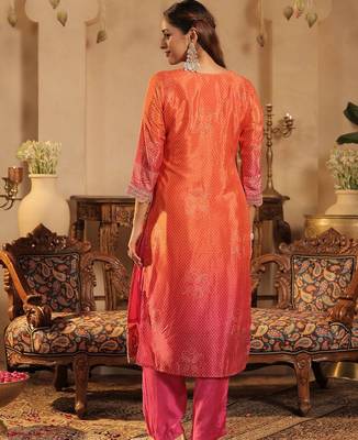 Bandhani Printed Straight Sequinned Kurta With Trousers & Dupatta 4