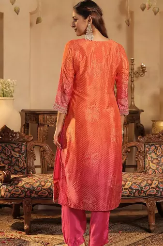 Bandhani Printed Straight Sequinned Kurta With Trousers & Dupatta