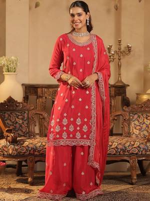 Ethnic Motifs Embroidered Straight Chinon Kurta & Palazzos With Dupatta 1
