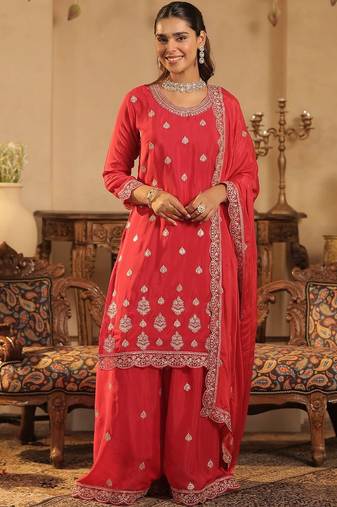 Ethnic Motifs Embroidered Straight Chinon Kurta & Palazzos With Dupatta