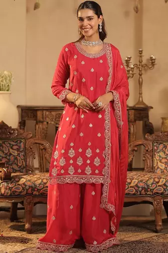 Ethnic Motifs Embroidered Straight Chinon Kurta & Palazzos With Dupatta