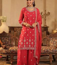 Ethnic Motifs Embroidered Straight Chinon Kurta & Palazzos With Dupatta