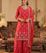 Ethnic Motifs Embroidered Straight Chinon Kurta & Palazzos With Dupatta