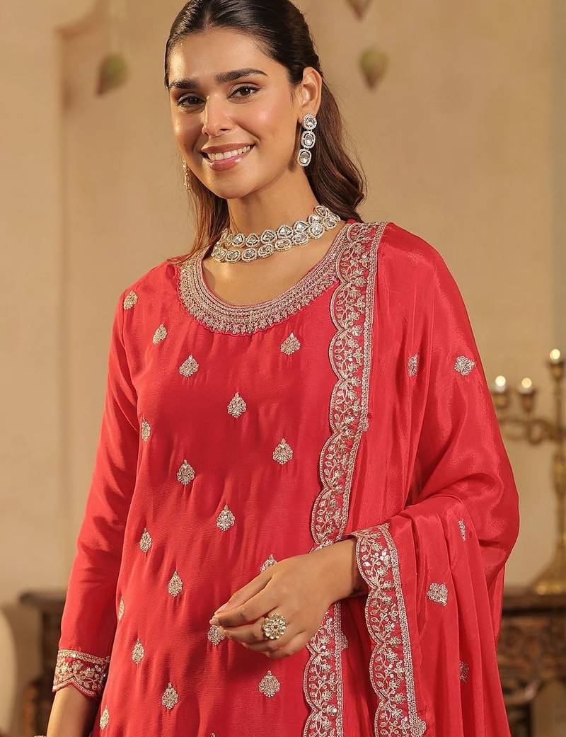 Ethnic Motifs Embroidered Straight Chinon Kurta & Palazzos With Dupatta