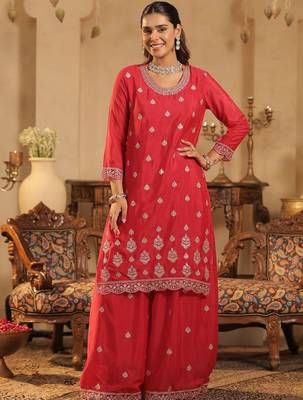Ethnic Motifs Embroidered Straight Chinon Kurta & Palazzos With Dupatta 5
