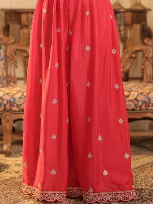 Ethnic Motifs Embroidered Straight Chinon Kurta & Palazzos With Dupatta 6