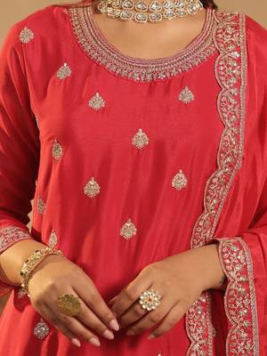 Ethnic Motifs Embroidered Straight Chinon Kurta & Palazzos With Dupatta 7