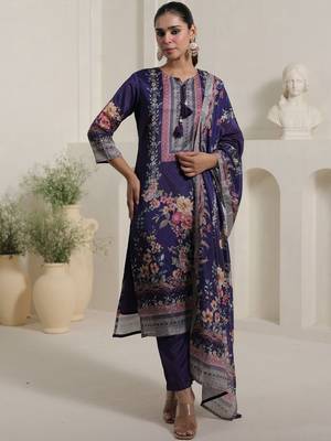 Motif Printed Notch Neck Chinon Mirror Work Straight Kurta & Palazzo With Dupatta 1