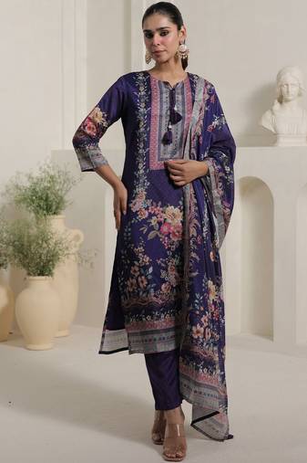 Motif Printed Notch Neck Chinon Mirror Work Straight Kurta & Palazzo With Dupatta