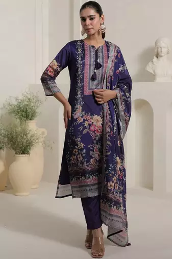 Motif Printed Notch Neck Chinon Mirror Work Straight Kurta & Palazzo With Dupatta