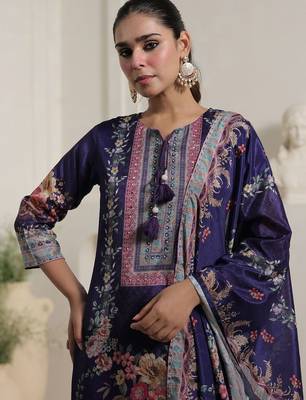 Motif Printed Notch Neck Chinon Mirror Work Straight Kurta & Palazzo With Dupatta 2