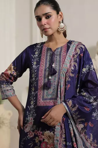 Motif Printed Notch Neck Chinon Mirror Work Straight Kurta & Palazzo With Dupatta