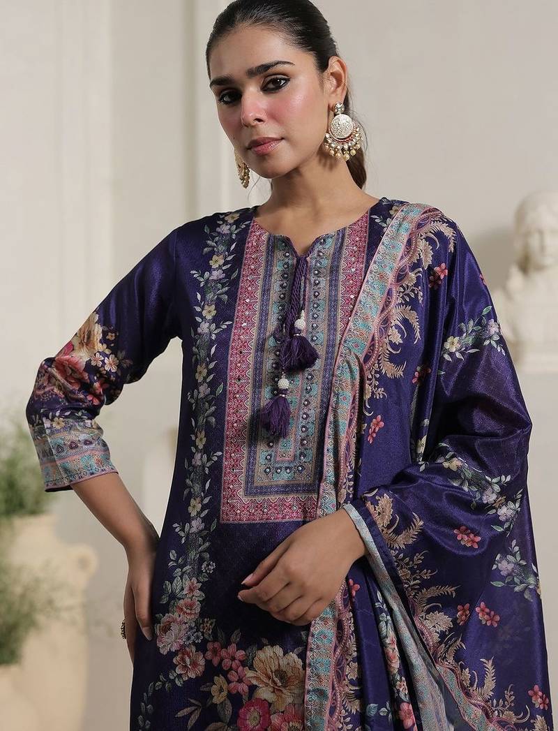 Motif Printed Notch Neck Chinon Mirror Work Straight Kurta & Palazzo With Dupatta