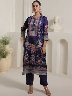 Motif Printed Notch Neck Chinon Mirror Work Straight Kurta & Palazzo With Dupatta 3