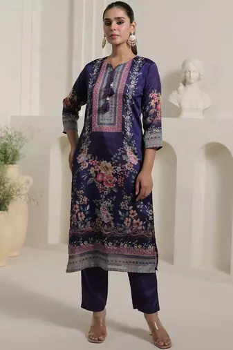 Motif Printed Notch Neck Chinon Mirror Work Straight Kurta & Palazzo With Dupatta