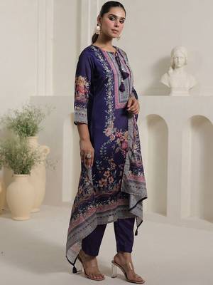 Motif Printed Notch Neck Chinon Mirror Work Straight Kurta & Palazzo With Dupatta 4