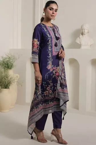 Motif Printed Notch Neck Chinon Mirror Work Straight Kurta & Palazzo With Dupatta