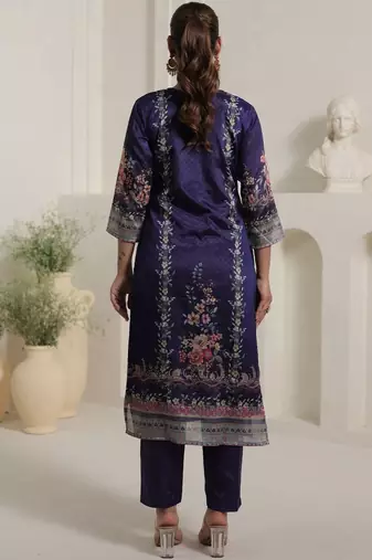 Motif Printed Notch Neck Chinon Mirror Work Straight Kurta & Palazzo With Dupatta