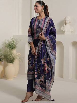 Motif Printed Notch Neck Chinon Mirror Work Straight Kurta & Palazzo With Dupatta 6