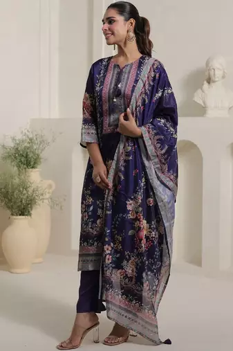 Motif Printed Notch Neck Chinon Mirror Work Straight Kurta & Palazzo With Dupatta