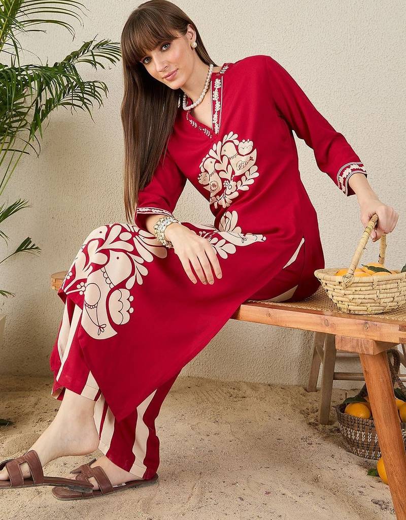 Geometric Printed V-Neck Straight Kurta & Palazzos